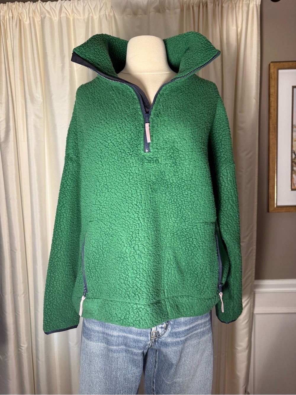 J Crew Polartec Vintage Fleece- Green Pink Accents- Half-Zip Pullover- NWT- L - Picture 2 of 12